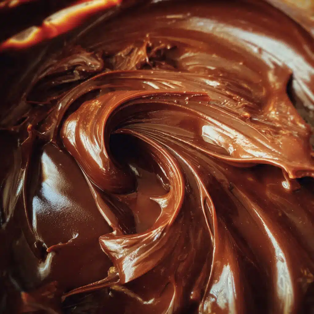 chocolate ganache being poured from a small bowl over a chocolate cake