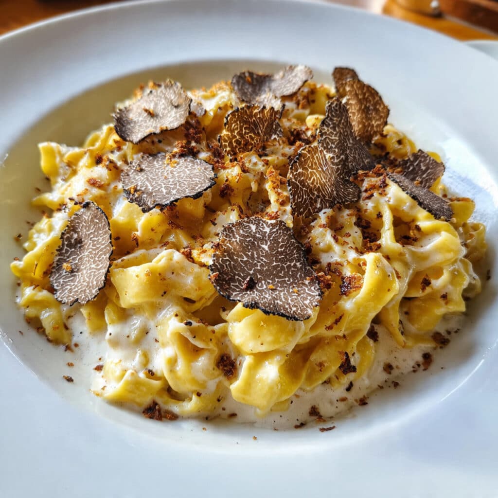 Creamy truffle pasta with Parmesan cheese served in a white bowl, garnished with black pepper and fresh herbs