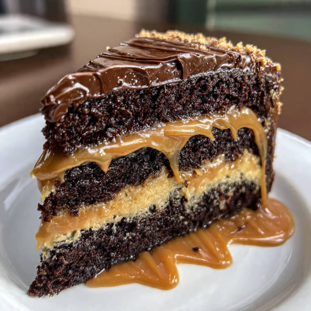 Chocolate Caramel Cake — three layers of ultra-moist chocolate cake, salted caramel filling, and silky chocolate buttercream with a gorgeous caramel drizzle