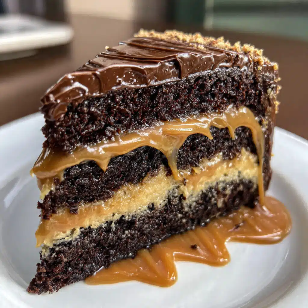Chocolate Caramel Cake — three layers of ultra-moist chocolate cake, salted caramel filling, and silky chocolate buttercream with a gorgeous caramel drizzle