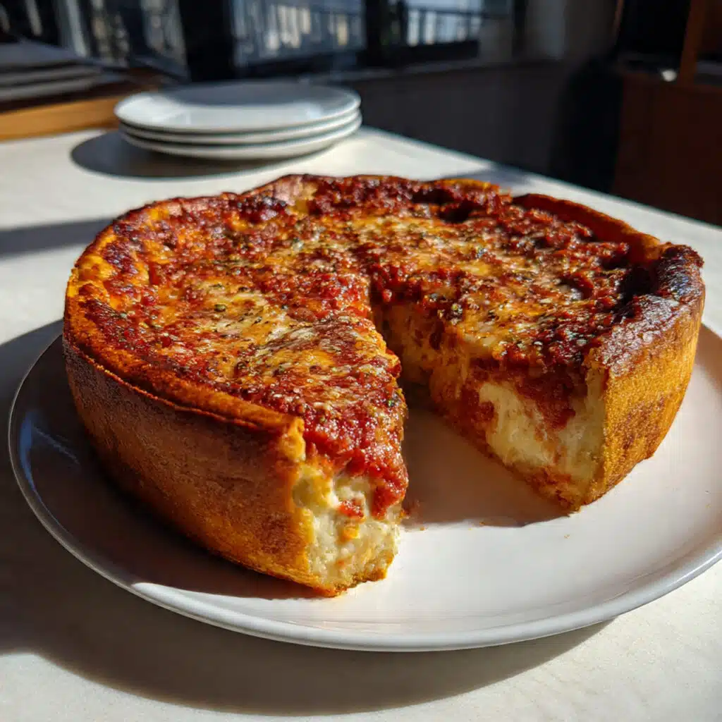 Chicago Style Deep Dish Pizza with buttery cornmeal crust, layers of gooey mozzarella, pepperoni, and chunky herb-infused tomato sauce