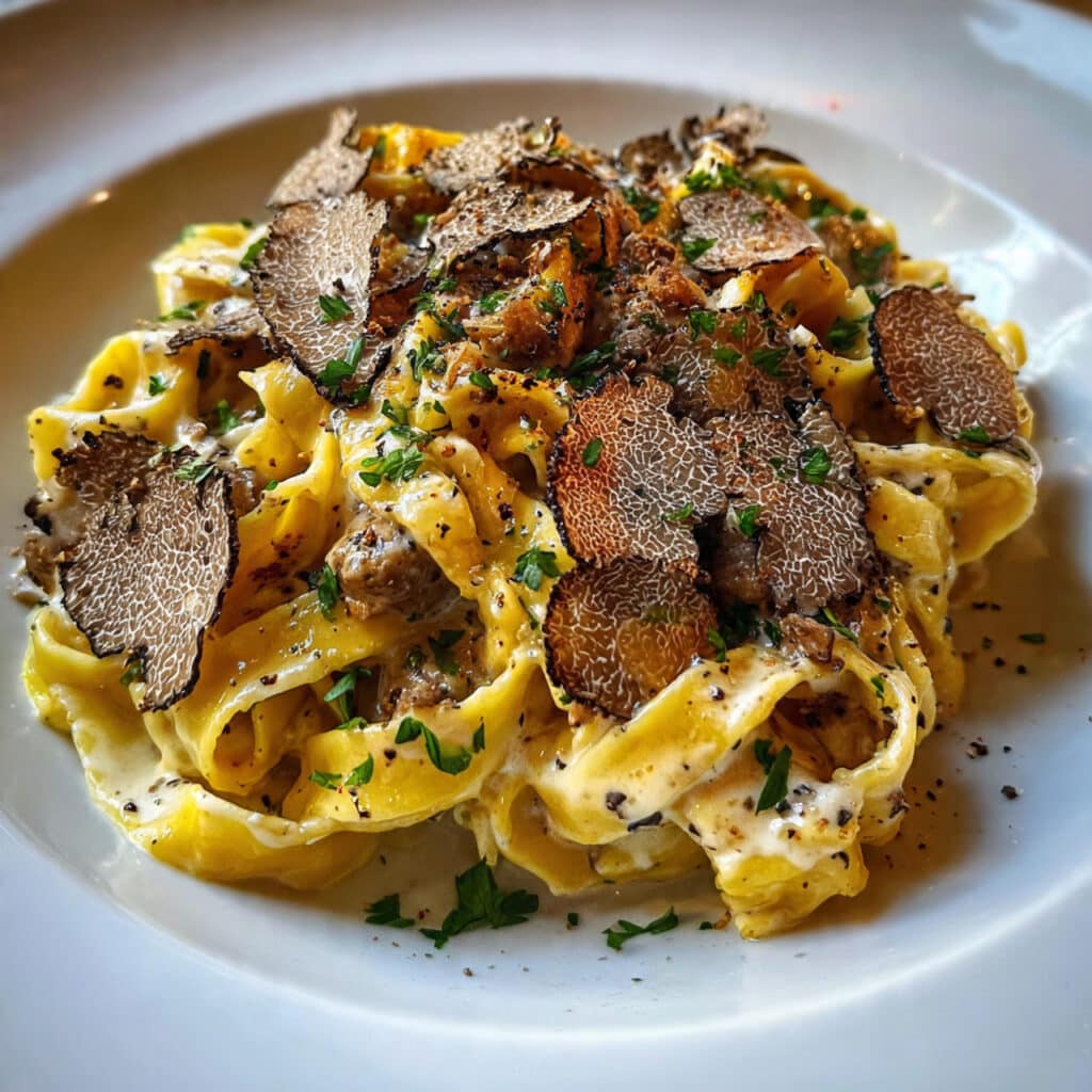 Creamy truffle pasta with Parmesan cheese served in a white bowl, garnished with black pepper and fresh herbs