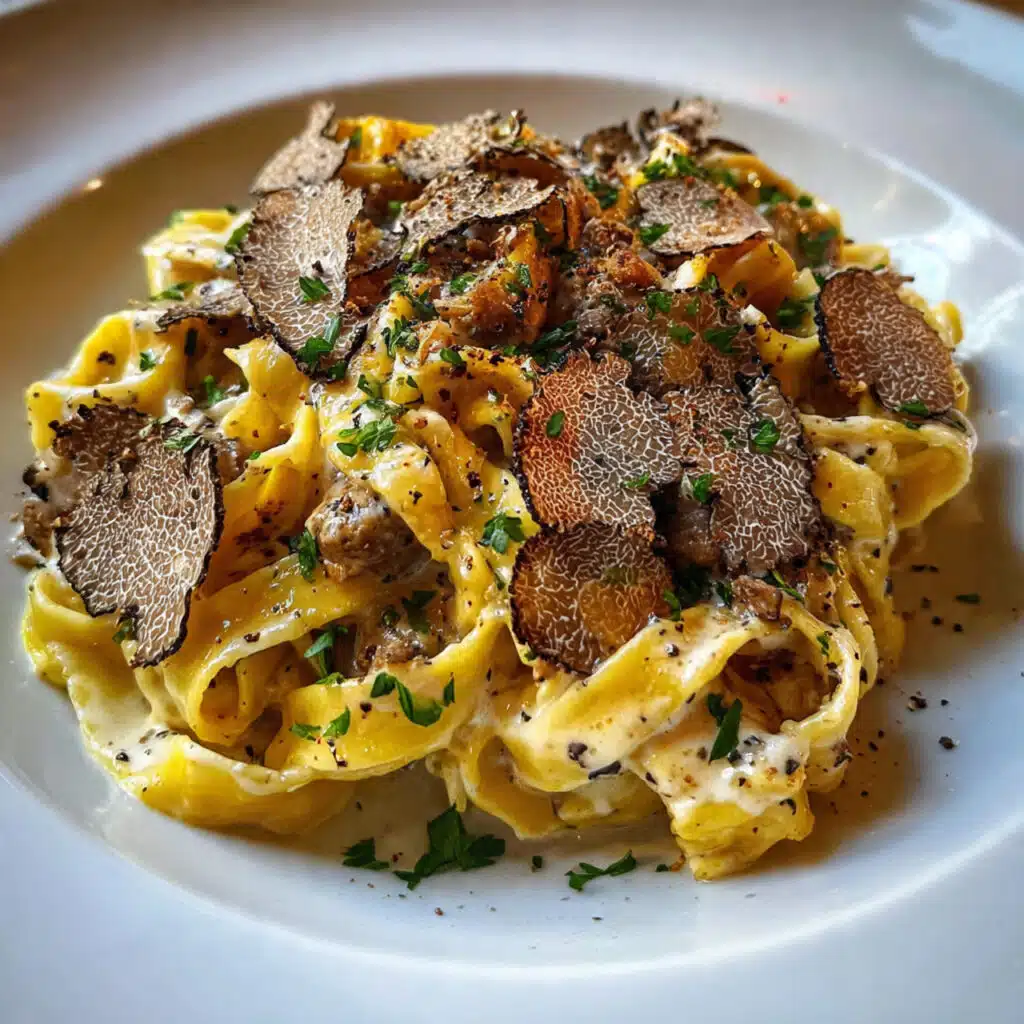 Creamy truffle pasta with Parmesan cheese served in a white bowl, garnished with black pepper and fresh herbs