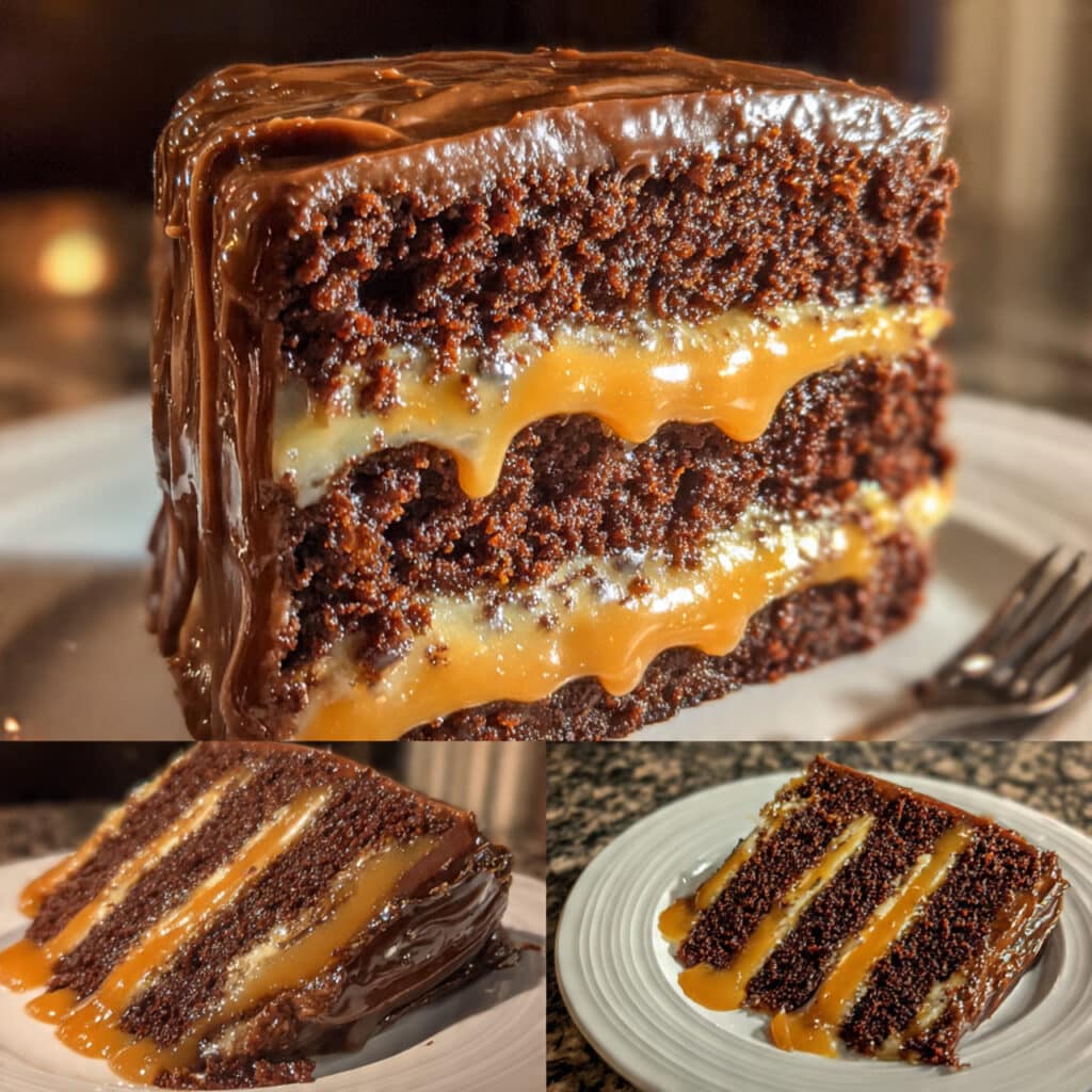 Chocolate Caramel Cake — three layers of ultra-moist chocolate cake, salted caramel filling, and silky chocolate buttercream with a gorgeous caramel drizzle