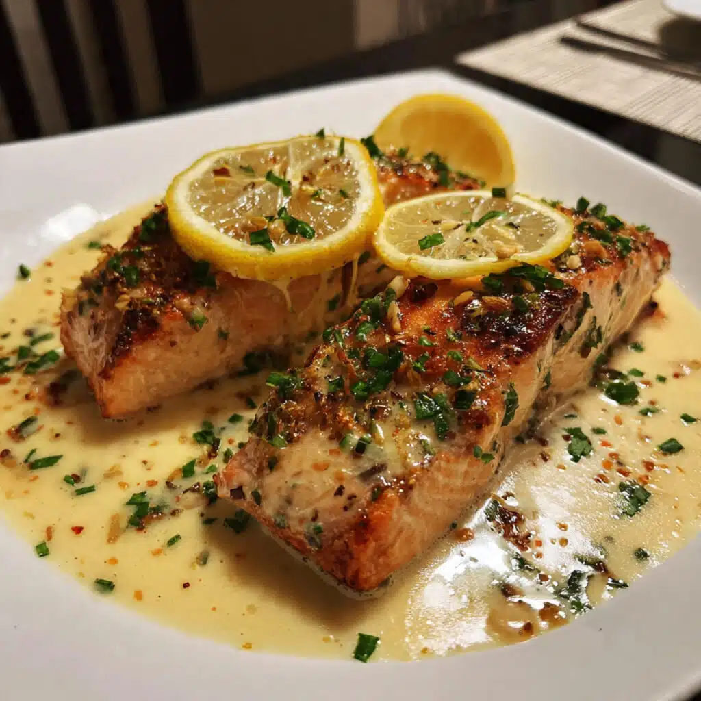 Baked lemon garlic salmon fillet on foil with caramelized lemon slices and fresh parsley, served on a sheet pan