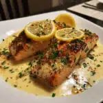 Baked lemon garlic salmon fillet on foil with caramelized lemon slices and fresh parsley, served on a sheet pan