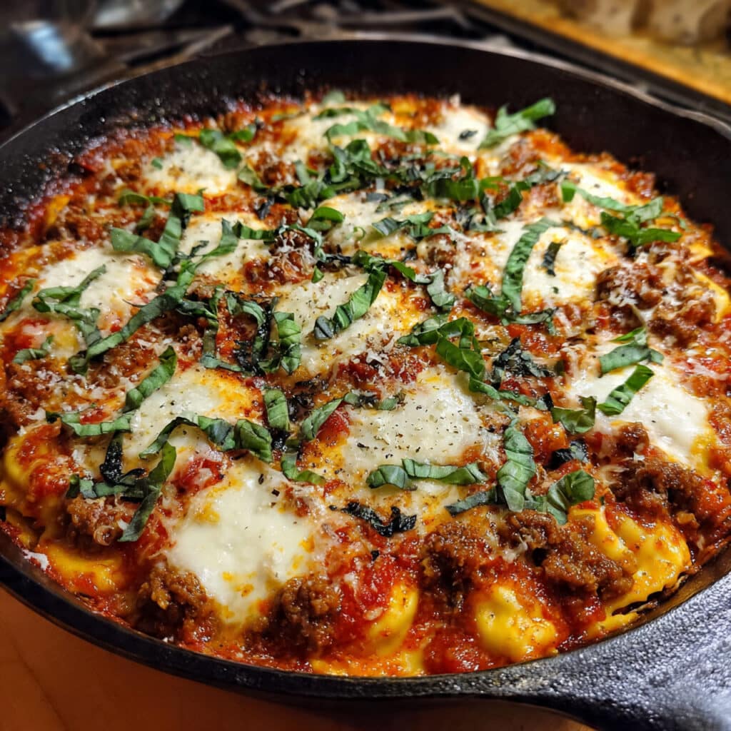 Baked Ravioli is loaded with layers of tender ravioli, savory meat sauce, and melted mozzarella cheese