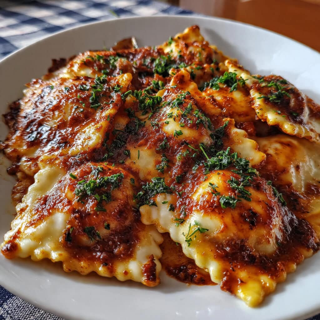 Baked Ravioli is loaded with layers of tender ravioli, savory meat sauce, and melted mozzarella cheese