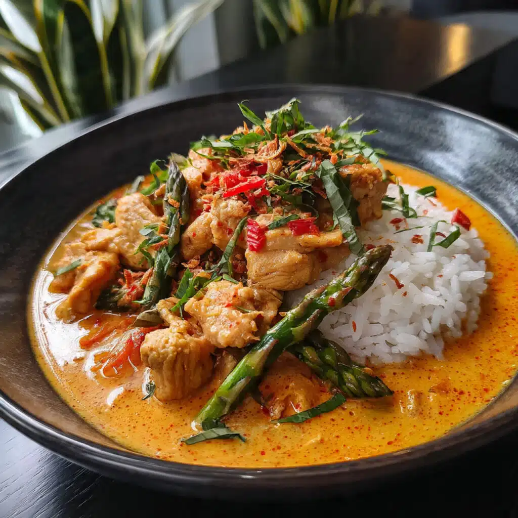 Overhead view of a vibrant Thai red curry bowl with green beans, red peppers, tofu, and basil in creamy coconut broth, served with jasmine rice.