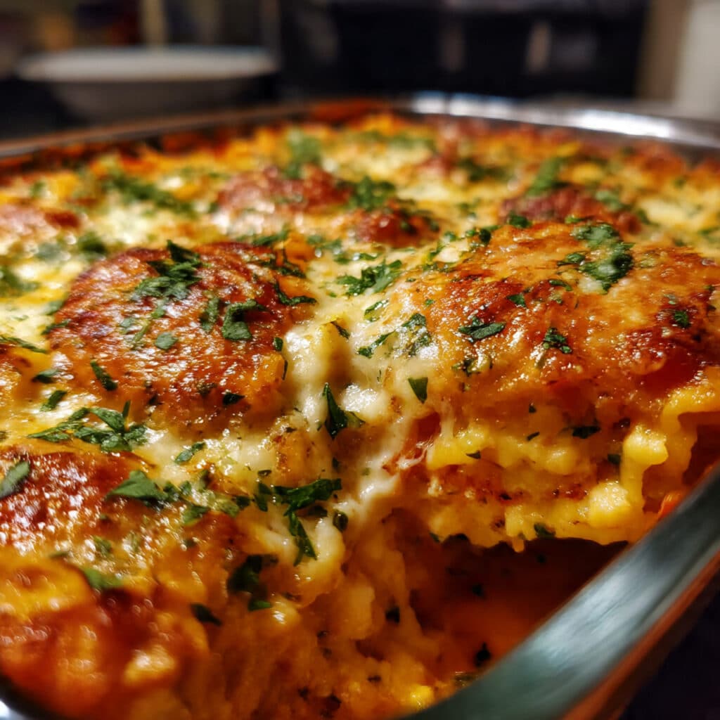 Baked Ravioli is loaded with layers of tender ravioli, savory meat sauce, and melted mozzarella cheese