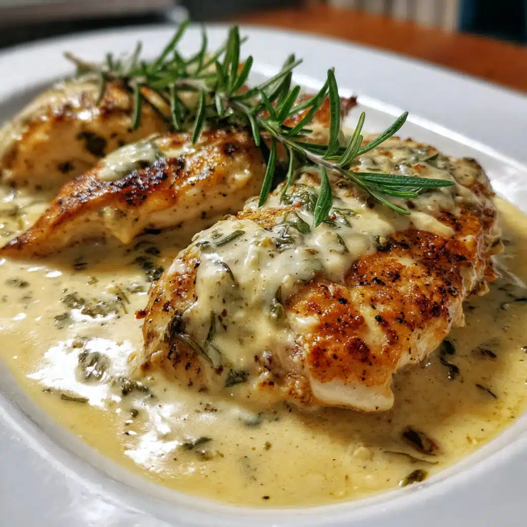 Rosemary Dijon Chicken served on a plate with golden, pan-seared chicken breasts coated in a creamy Dijon sauce and garnished with fresh rosemary sprigs.
