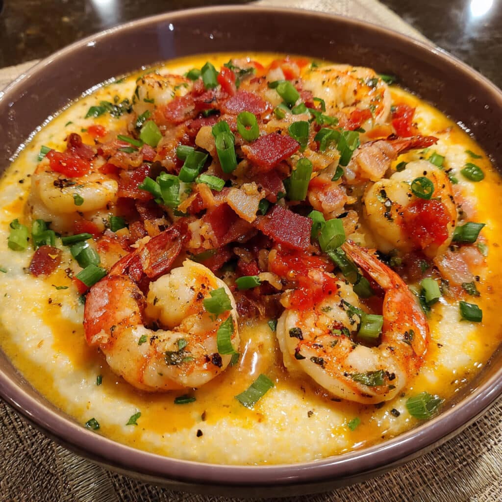 Creamy Cajun Shrimp and Grits with crispy bacon is pure Southern comfort! Perfectly seasoned shrimp, ultra-creamy cheese grits, and a rich pan sauce come together in just 30 minutes
