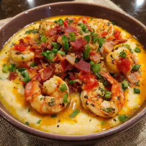 Creamy Cajun Shrimp and Grits with crispy bacon is pure Southern comfort! Perfectly seasoned shrimp, ultra-creamy cheese grits, and a rich pan sauce come together in just 30 minutes
