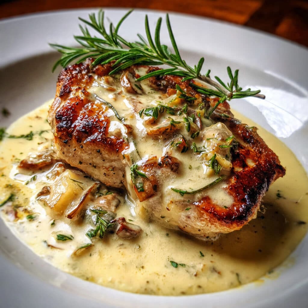 Rosemary Dijon Chicken served on a plate with golden, pan-seared chicken breasts coated in a creamy Dijon sauce and garnished with fresh rosemary sprigs.
