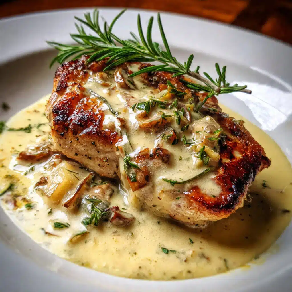 Rosemary Dijon Chicken served on a plate with golden, pan-seared chicken breasts coated in a creamy Dijon sauce and garnished with fresh rosemary sprigs.