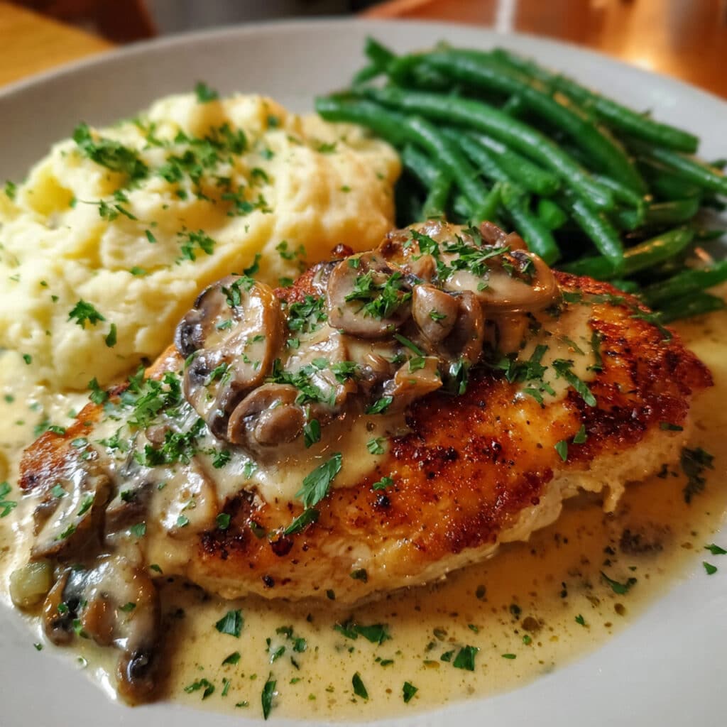 Mushroom chicken served with mashed potatoes, featuring golden seared chicken topped with a rich mushroom sauce.