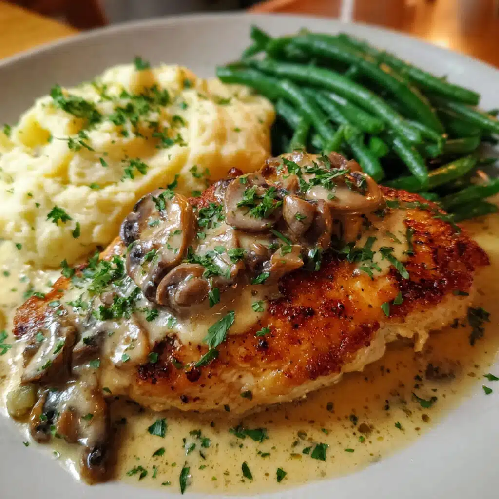 Mushroom Chicken with Mashed Potatoes 6 Mushroom chicken served with mashed potatoes, featuring golden seared chicken topped with a rich mushroom sauce.