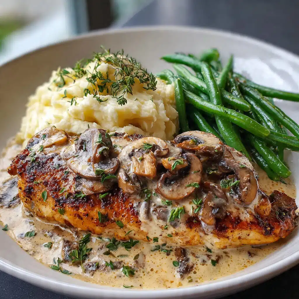 Mushroom chicken served with mashed potatoes, featuring golden seared chicken topped with a rich mushroom sauce.