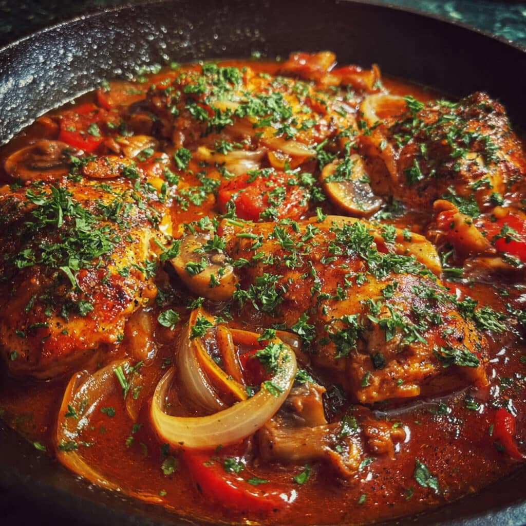 Authentic Italian Chicken Cacciatore recipe featuring bone-in chicken braised in a rich tomato sauce with red wine, mushrooms, bell peppers, and kalamata olives