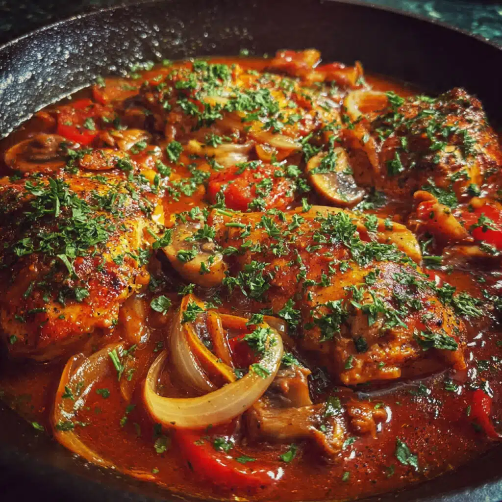 Authentic Italian Chicken Cacciatore recipe featuring bone-in chicken braised in a rich tomato sauce with red wine, mushrooms, bell peppers, and kalamata olives