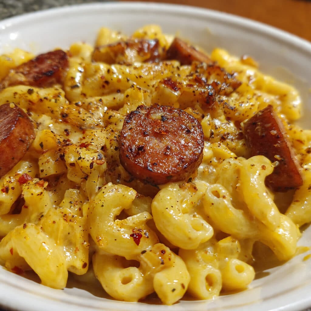 Cajun Macaroni and Cheese with Andouille Sausage 7 Cajun Macaroni and Cheese with Andouille Sausage – creamy, spicy, and irresistibly cheesy! This easy comfort food combines smoky sausage with a rich cheese sauce and Cajun spices