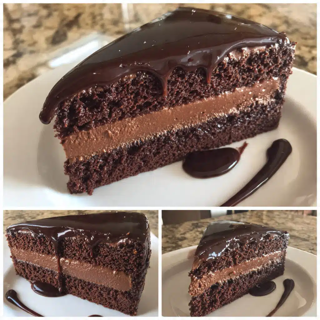 Chocolate mousse cake with layers of rich chocolate mousse and moist chocolate cake, topped with glossy chocolate ganache.