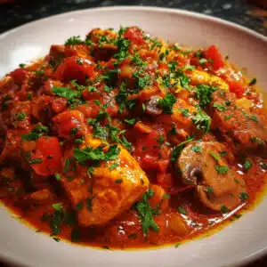 Authentic Italian Chicken Cacciatore recipe featuring bone-in chicken braised in a rich tomato sauce with red wine, mushrooms, bell peppers, and kalamata olives