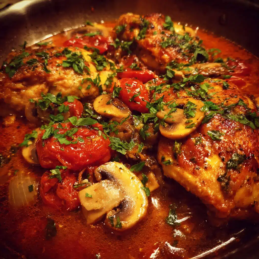 Authentic Italian Chicken Cacciatore recipe featuring bone-in chicken braised in a rich tomato sauce with red wine, mushrooms, bell peppers, and kalamata olives
