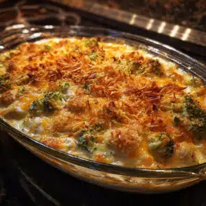 Creamy chicken divan casserole in a white baking dish with golden breadcrumb topping, melted cheese, tender broccoli florets, and chunks of chicken visible throughout