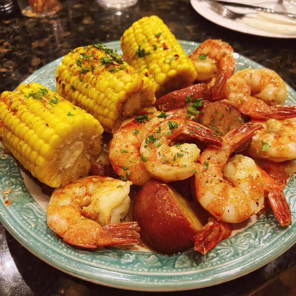 Classic shrimp boil with corn, potatoes, and andouille sausage