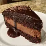 Chocolate mousse cake with layers of rich chocolate mousse and moist chocolate cake, topped with glossy chocolate ganache.
