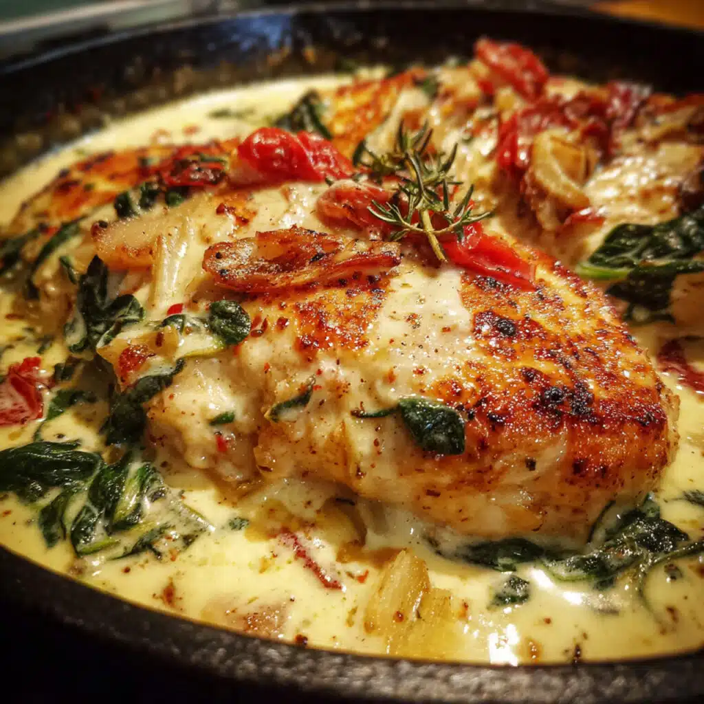 Creamy Tuscan chicken with seared chicken breasts simmered in a garlic Parmesan sauce with sun-dried tomatoes and spinach.