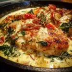 Creamy Tuscan chicken with seared chicken breasts simmered in a garlic Parmesan sauce with sun-dried tomatoes and spinach.