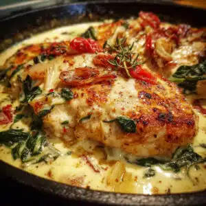 Creamy Tuscan chicken with seared chicken breasts simmered in a garlic Parmesan sauce with sun-dried tomatoes and spinach.