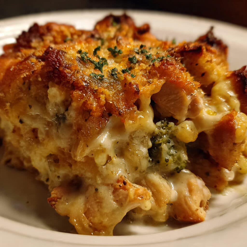 Creamy chicken divan casserole in a white baking dish with golden breadcrumb topping, melted cheese, tender broccoli florets, and chunks of chicken visible throughout