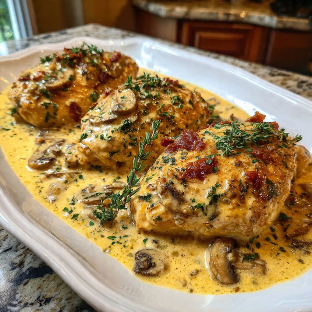 Creamy Tuscan chicken with seared chicken breasts simmered in a garlic Parmesan sauce with sun-dried tomatoes and spinach.