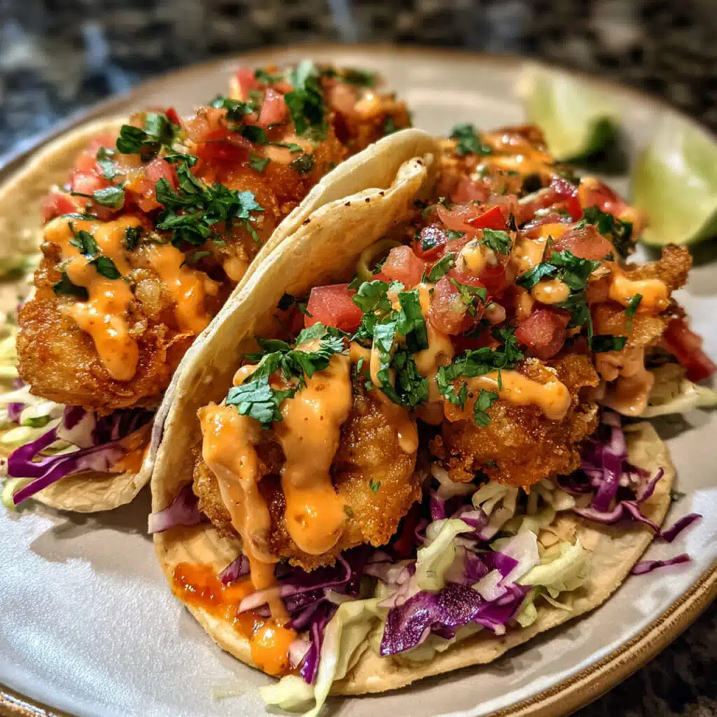 Bang Bang shrimp tacos filled with crispy shrimp tossed in a creamy spicy sauce, served in soft tortillas with shredded cabbage.
