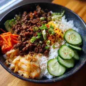 Cozy Korean ground beef bowl with fluffy white rice, garnished with fresh green onions and toasted sesame seeds in a rustic ceramic bowl