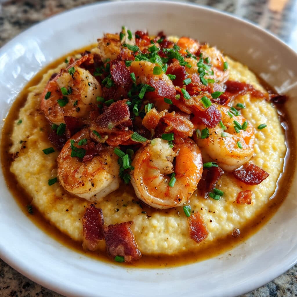 Creamy Cajun Shrimp and Grits with crispy bacon is pure Southern comfort! Perfectly seasoned shrimp, ultra-creamy cheese grits, and a rich pan sauce come together in just 30 minutes