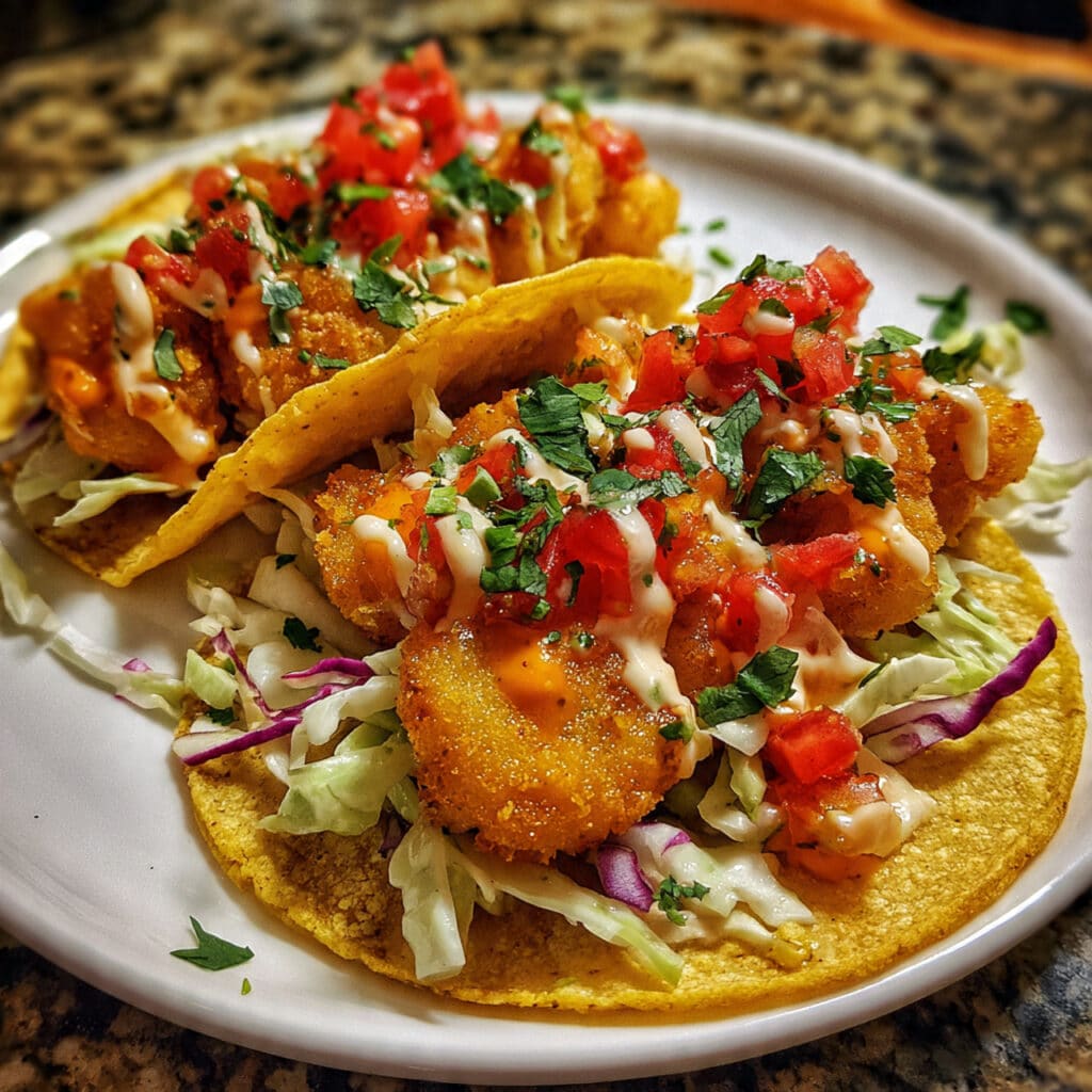 Bang Bang shrimp tacos filled with crispy shrimp tossed in a creamy spicy sauce, served in soft tortillas with shredded cabbage.