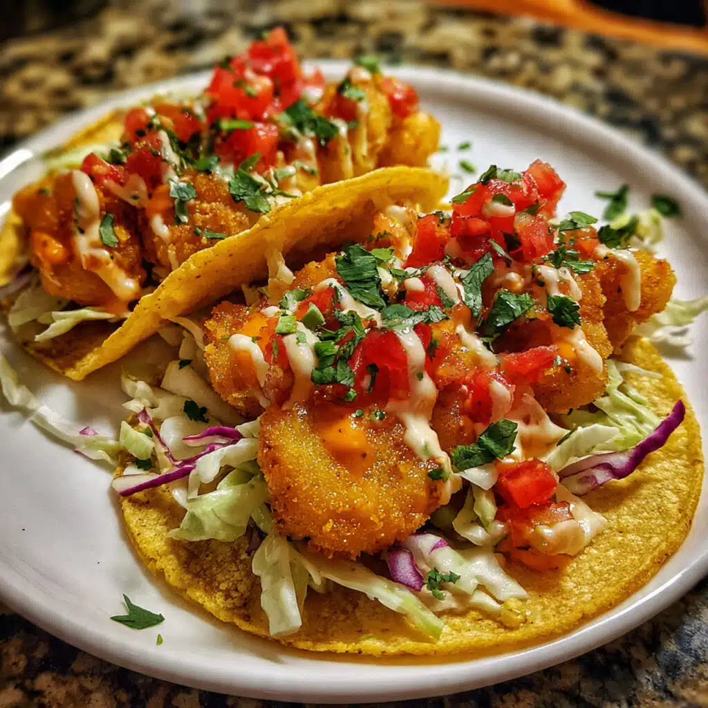 Bang Bang shrimp tacos filled with crispy shrimp tossed in a creamy spicy sauce, served in soft tortillas with shredded cabbage.