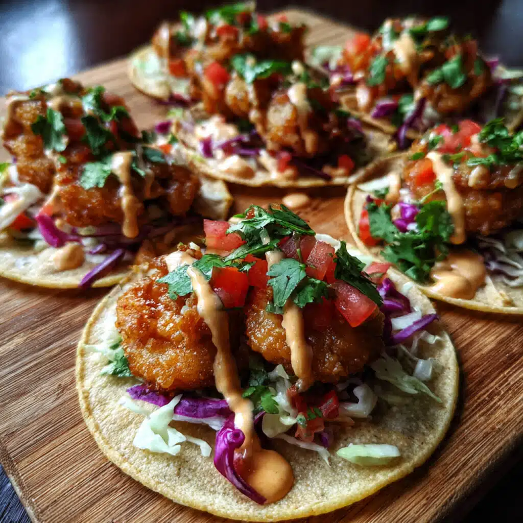 Bang Bang shrimp tacos filled with crispy shrimp tossed in a creamy spicy sauce, served in soft tortillas with shredded cabbage.