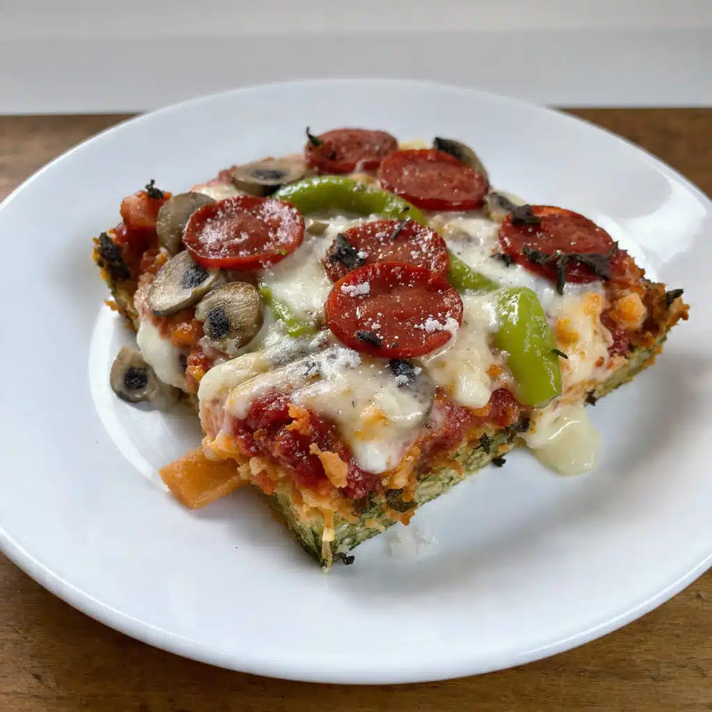 Keto Pizza Casserole: Crispy, Cheesy, and Ready in 30 Minutes 7 A golden-brown keto pizza casserole fresh from the oven, topped with melted mozzarella cheese, pepperoni slices, green peppers, and mushrooms in a ceramic ramekin, ready to serve.