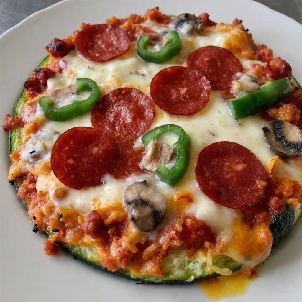 A golden-brown keto pizza casserole fresh from the oven, topped with melted mozzarella cheese, pepperoni slices, green peppers, and mushrooms in a ceramic ramekin, ready to serve.