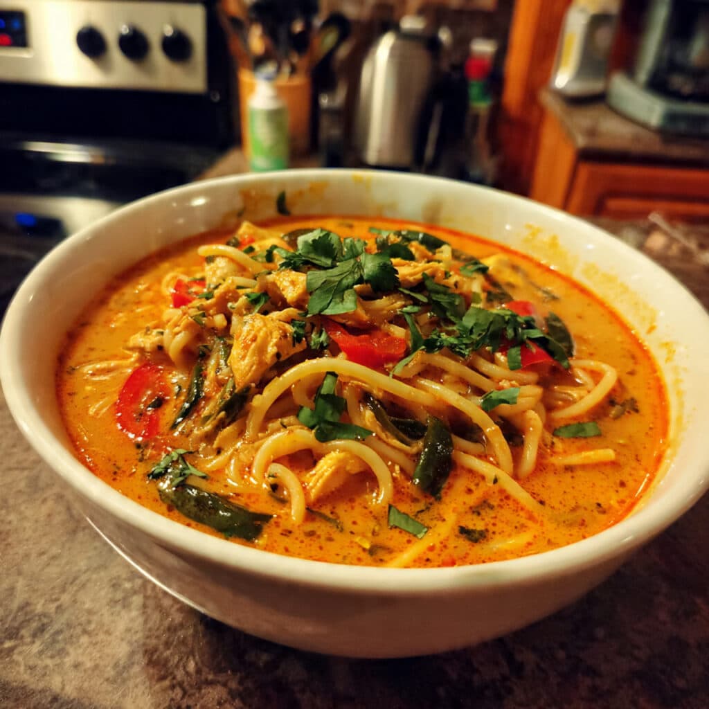 Steaming bowl of Thai red curry noodle soup with tender chicken, rice noodles, fresh herbs, and lime garnish in creamy coconut broth