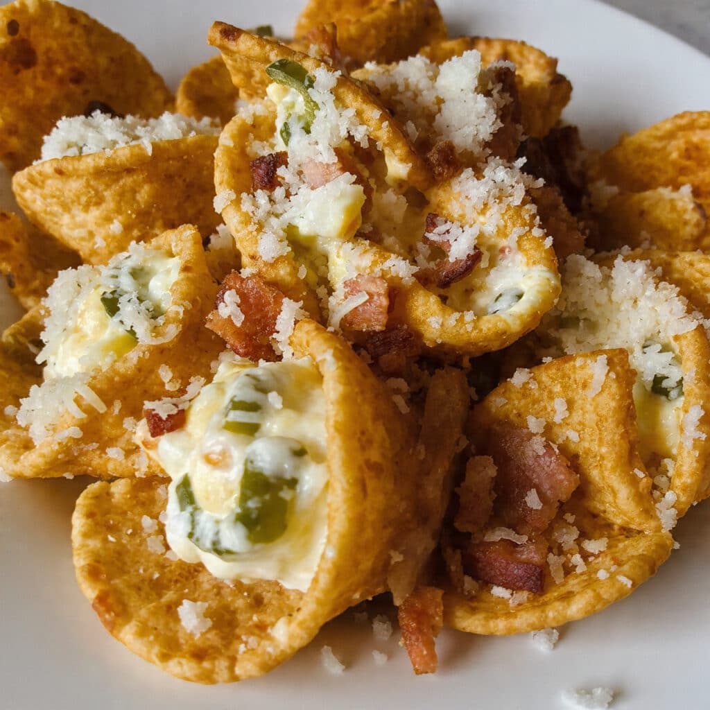 Golden-brown Playoff Puffs arranged on a white platter, featuring Tostitos Scoops filled with creamy jalapeño-bacon mixture topped with melted Parmesan cheese