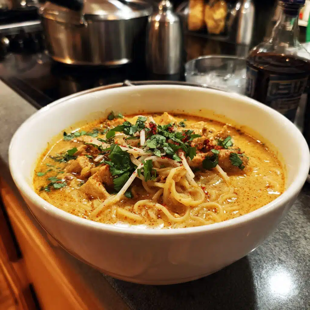 Steaming bowl of Thai red curry noodle soup with tender chicken, rice noodles, fresh herbs, and lime garnish in creamy coconut broth