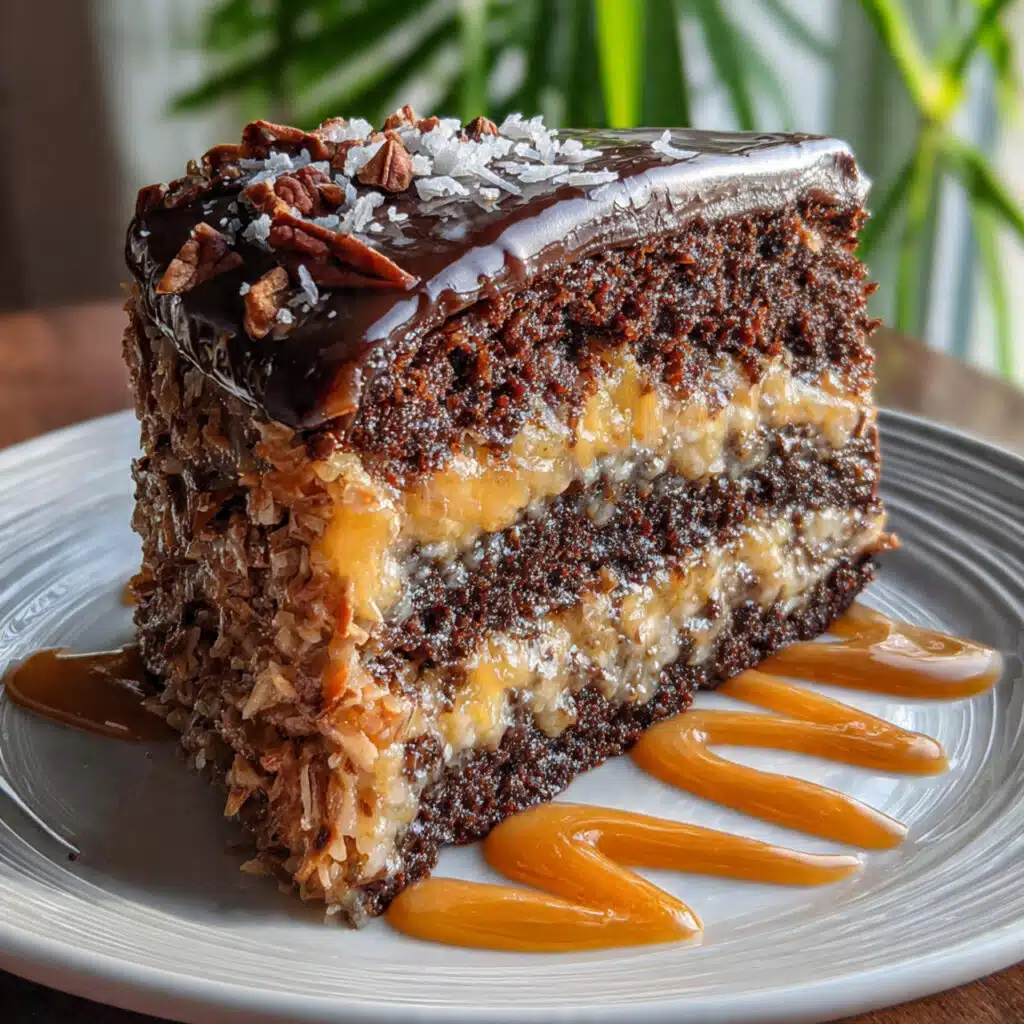 German chocolate cake with layers of moist chocolate cake filled and topped with a coconut-pecan frosting.