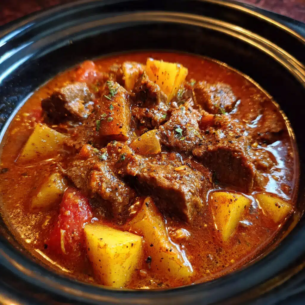 A bowl of tender Crock Pot Carne Guisada Mexican beef stew garnished with fresh cilantro, showing chunks of braised beef in a rich red-brown sauce