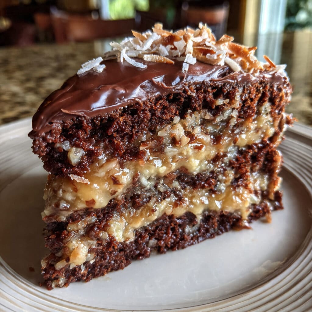 German chocolate cake with layers of moist chocolate cake filled and topped with a coconut-pecan frosting.